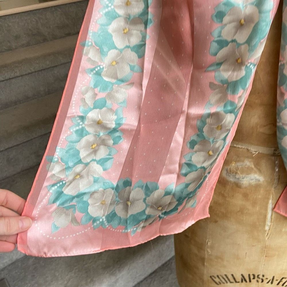 Vintage Vera Neumann Silk Pink Pastel Floral Polkadot Neckscarf - 10.5" x 31"